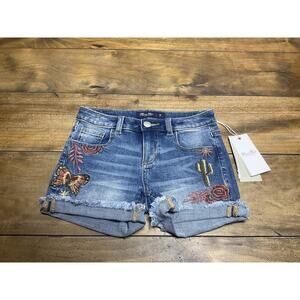 Miss Me Girls Blue Denim Cut-Off Shorts Floral Embroidered Size 7 NWT